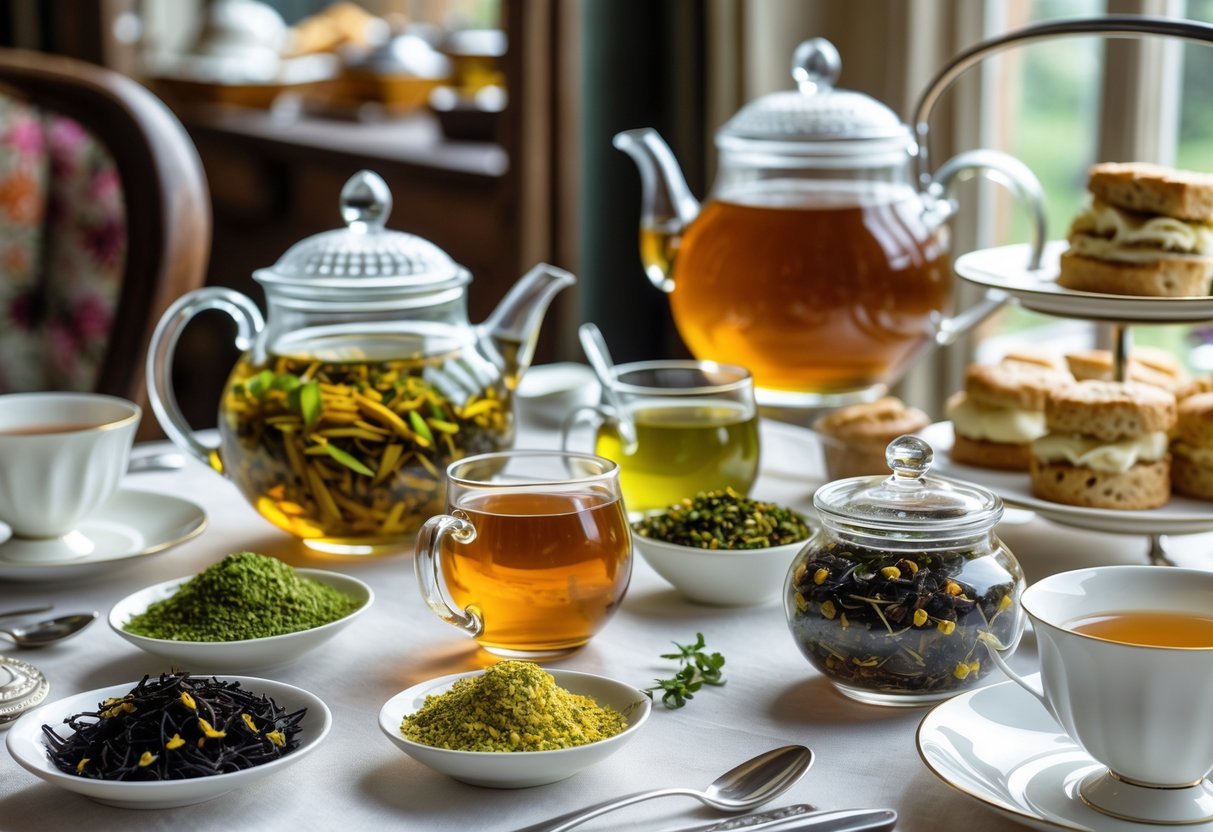 A table set with various teapots, cups of different teas, loose tea leaves, and an assortment of pastries and sandwiches for afternoon tea.