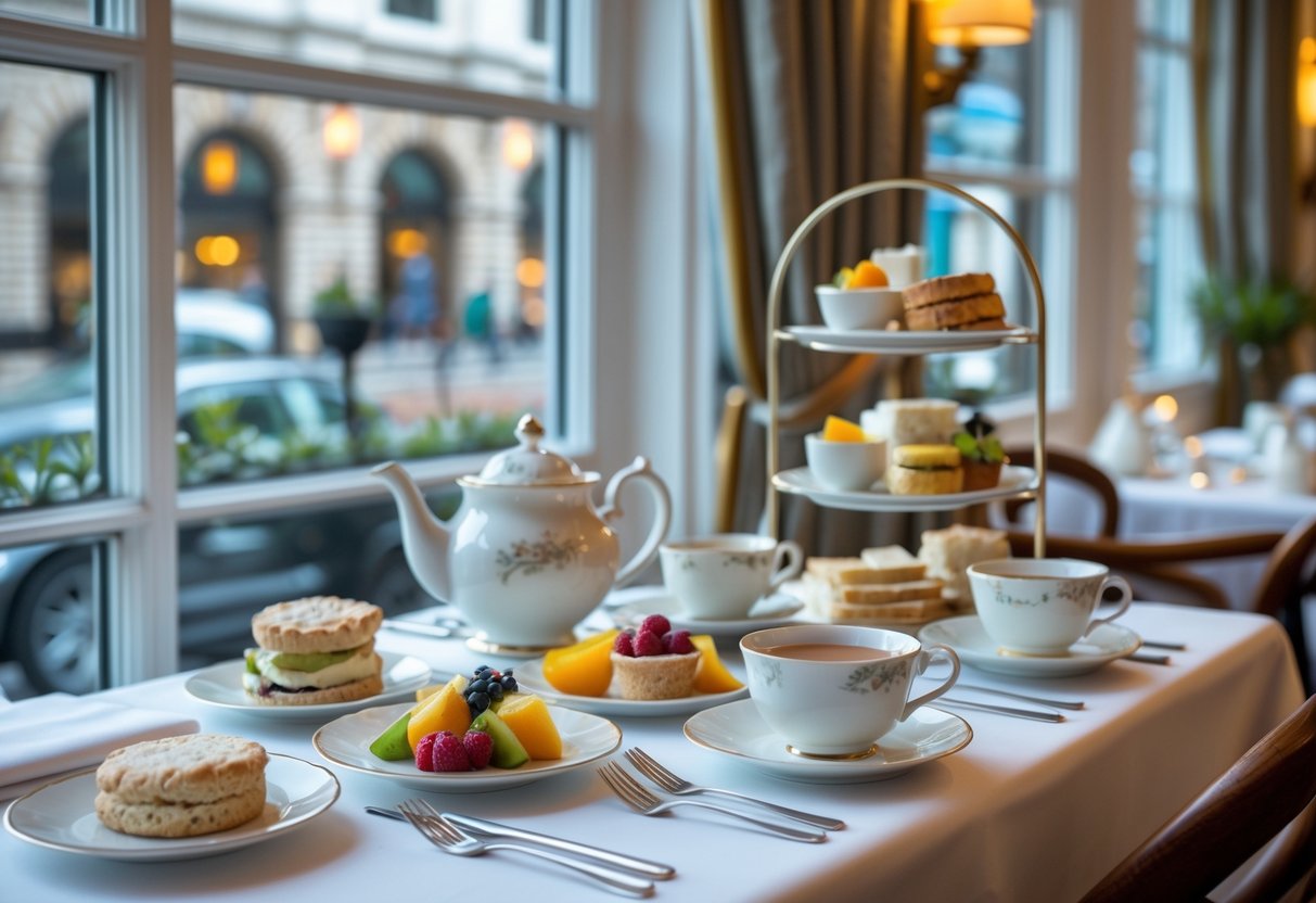 An afternoon tea table with gluten-free, dairy-free, and vegan treats, teacups, and a teapot in a bright café with a view of Dublin architecture.