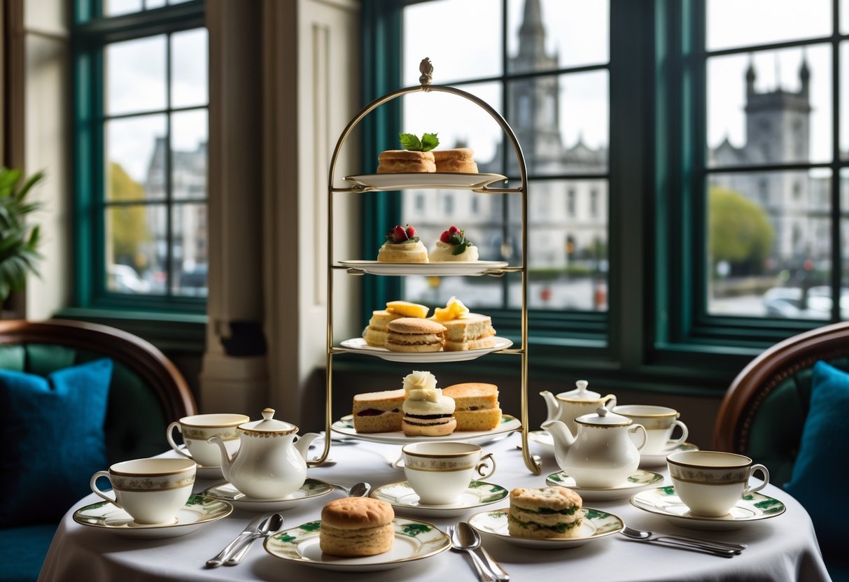 A table set for afternoon tea with teacups, pastries, and sandwiches, with Dublin landmarks visible through windows in the background.