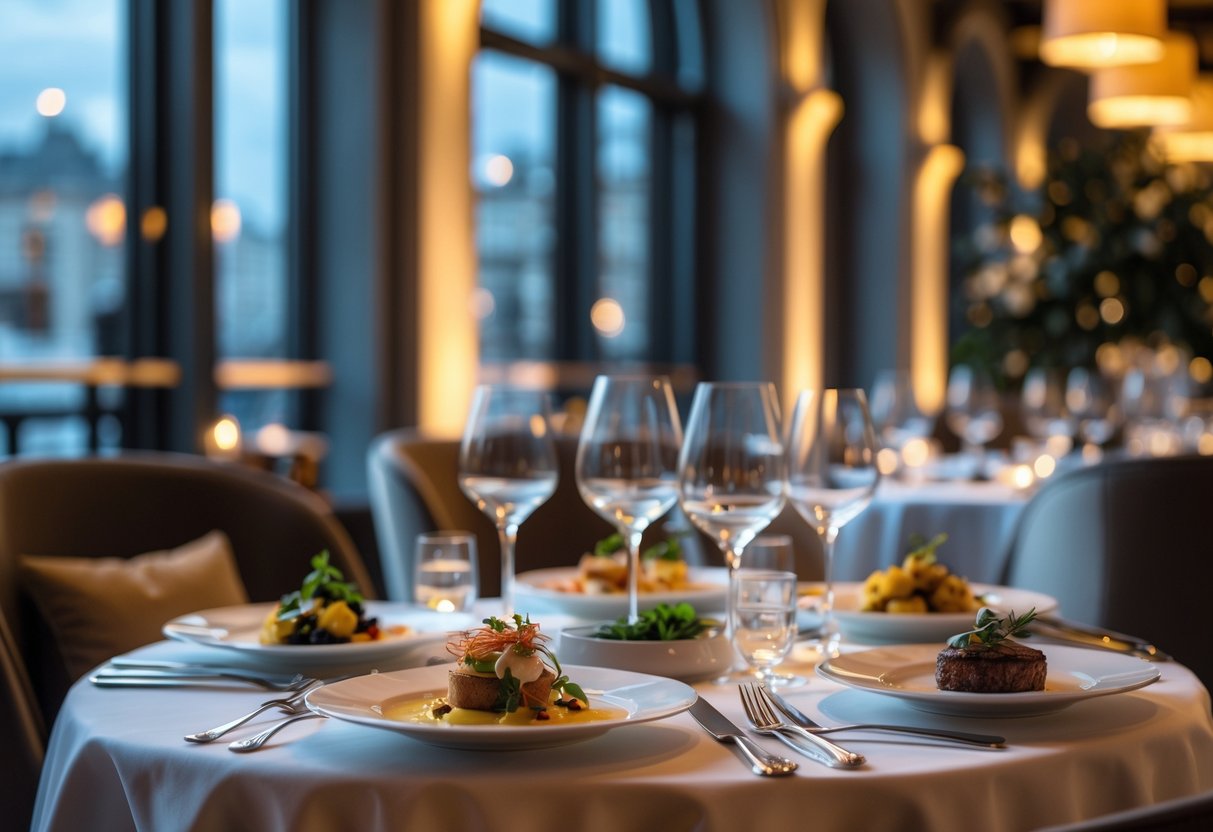 A beautifully set dining table with multiple gourmet dishes arranged for a tasting menu in a warm, inviting restaurant setting with large windows showing city views.