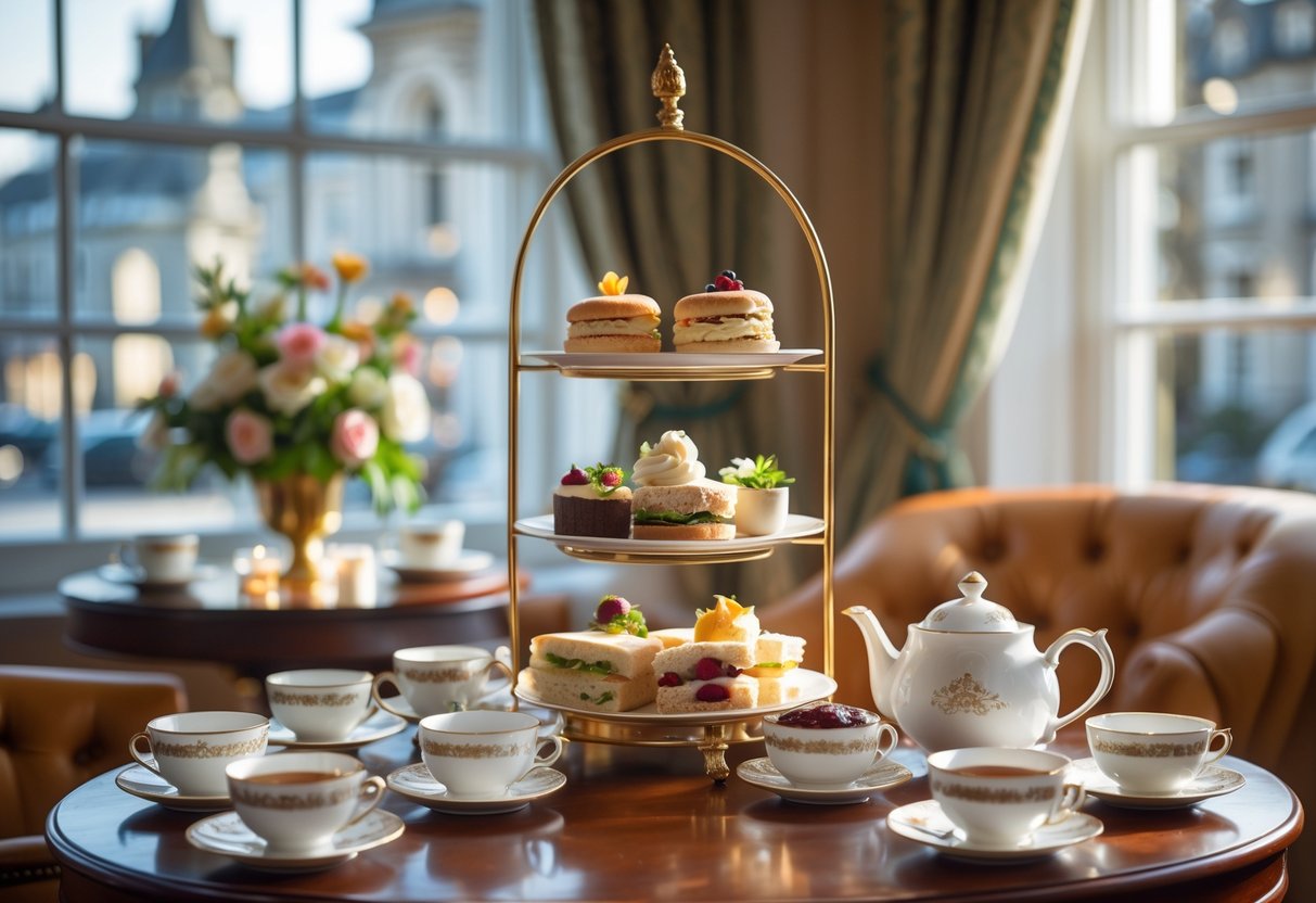 A table set for afternoon tea with teacups, sandwiches, scones, and pastries near windows showing Dublin city buildings.