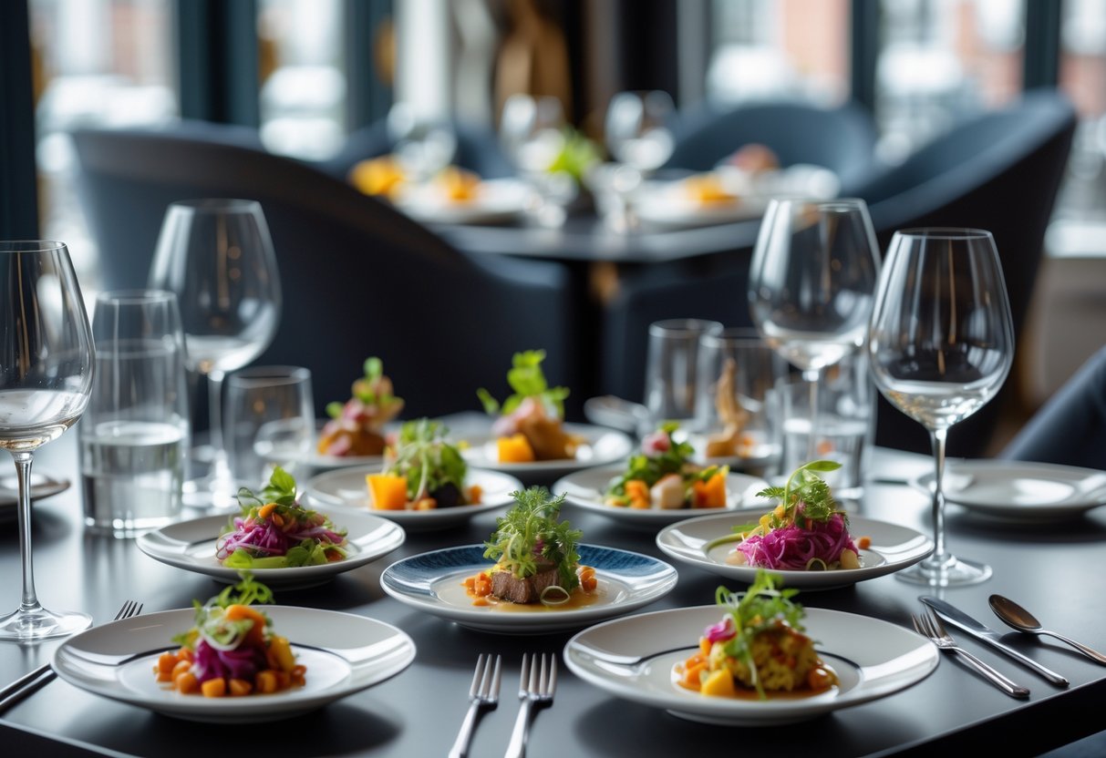 A dining table in a modern restaurant set with multiple small gourmet dishes and wine glasses, ready for a tasting menu experience.