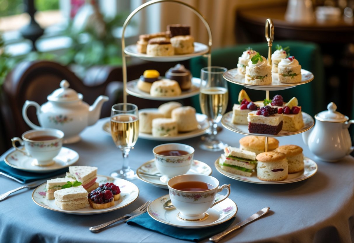 A table set with tea cups, a teapot, sandwiches, scones with cream and jam, and pastries arranged for afternoon tea in a cozy café.
