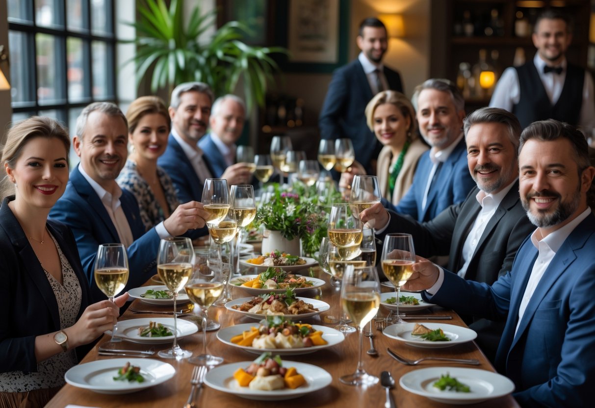 A group of people enjoying a special occasion tasting menu together around a table in a stylish Dublin restaurant.