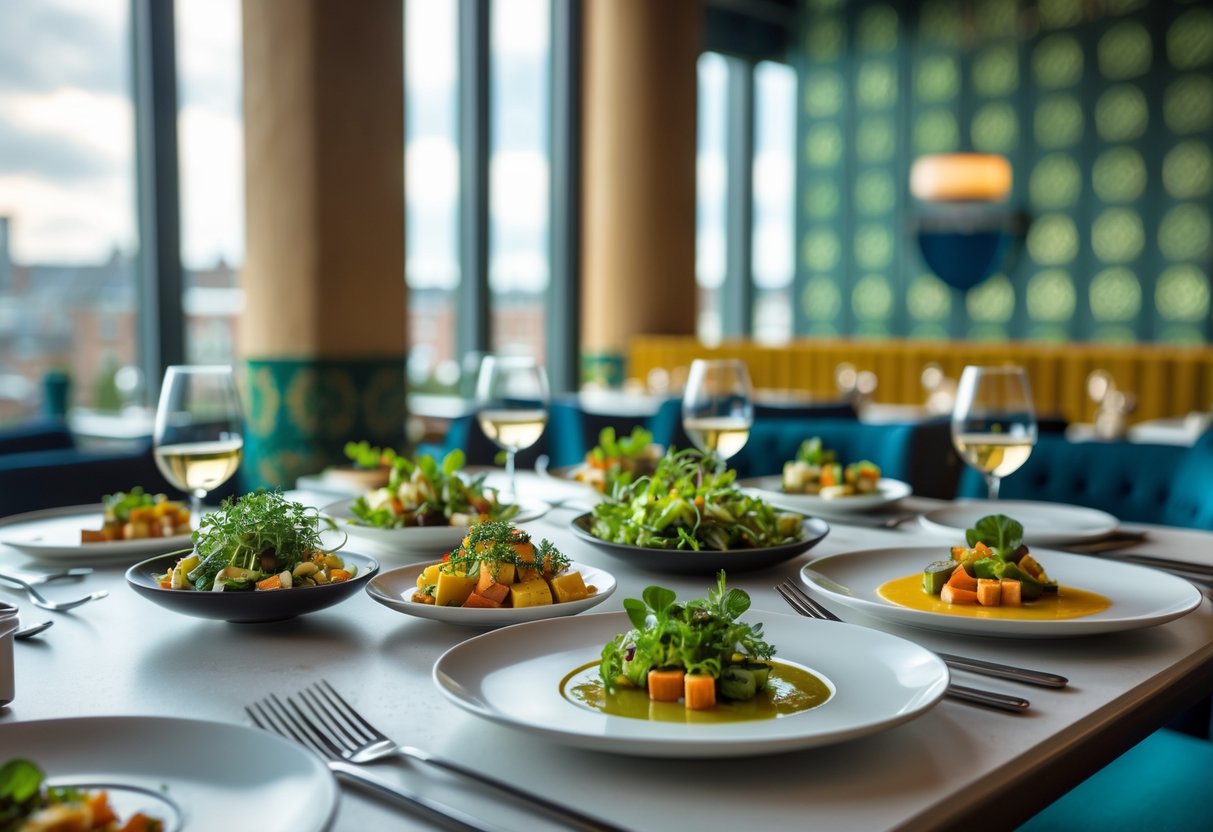 A fine dining table with several small gourmet dishes representing a customized tasting menu in a restaurant setting with a view of Dublin.