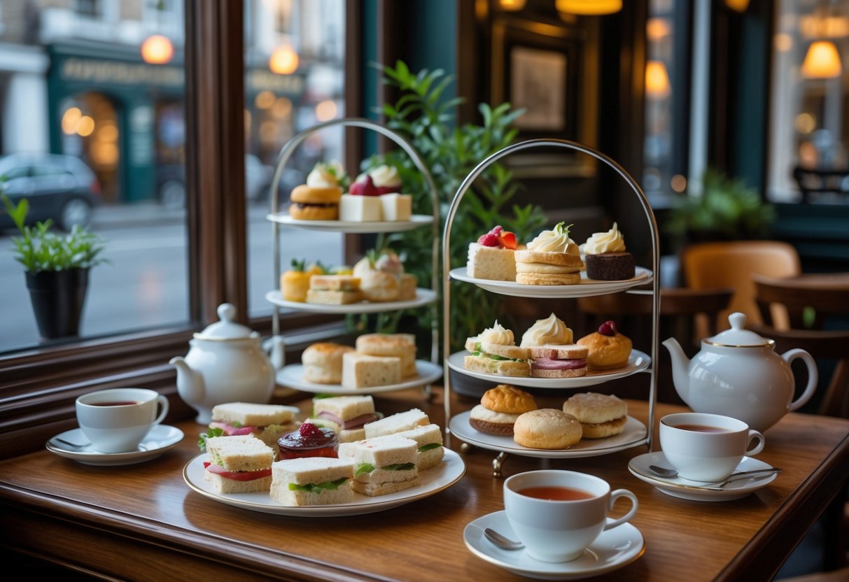 A wooden table set with tiered trays of finger sandwiches, scones, pastries, and a teapot with cups in a cozy café with natural light.