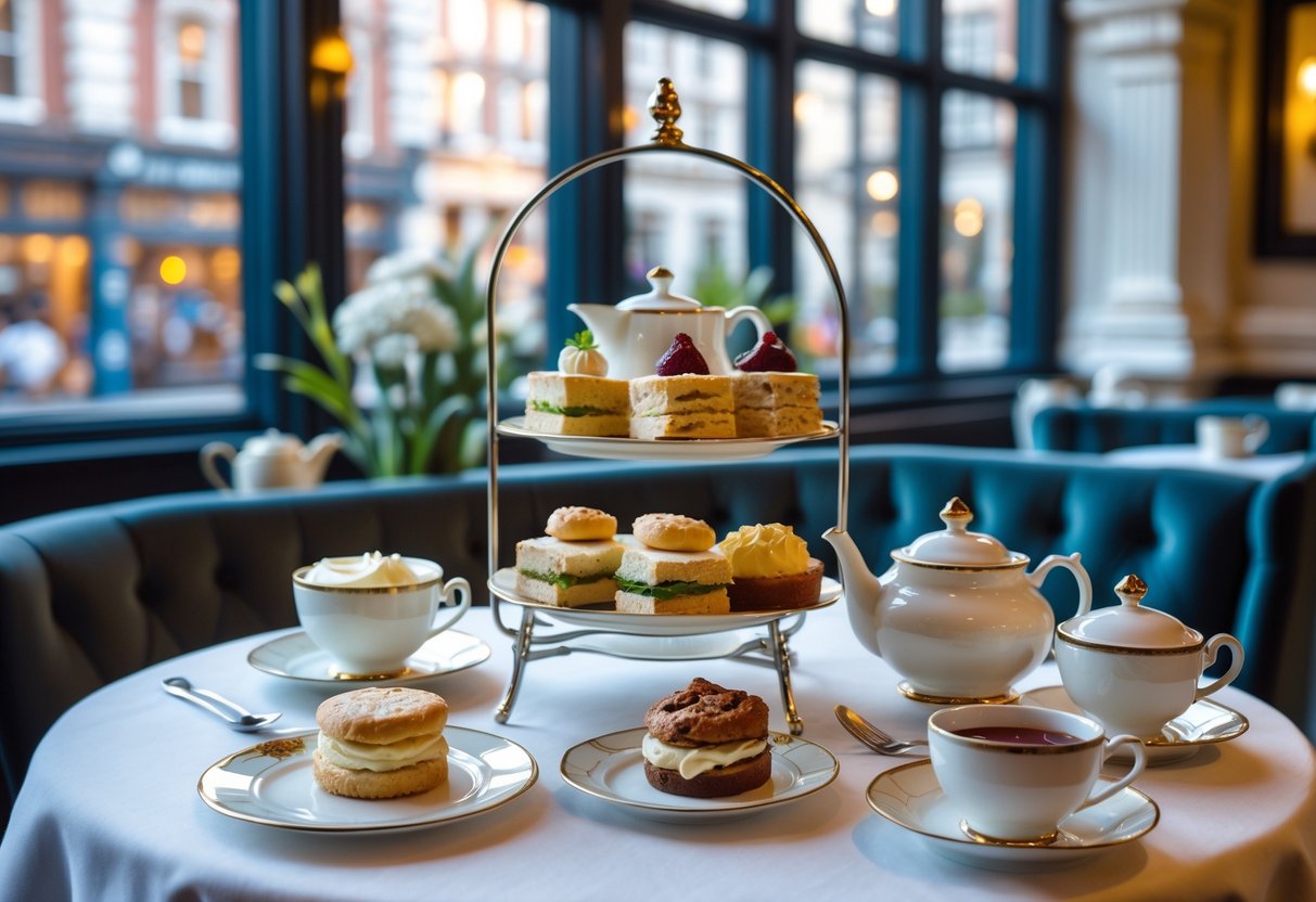 A table set for afternoon tea with teacups, teapot, sandwiches, scones, and pastries in a cozy café with windows showing Dublin city buildings.