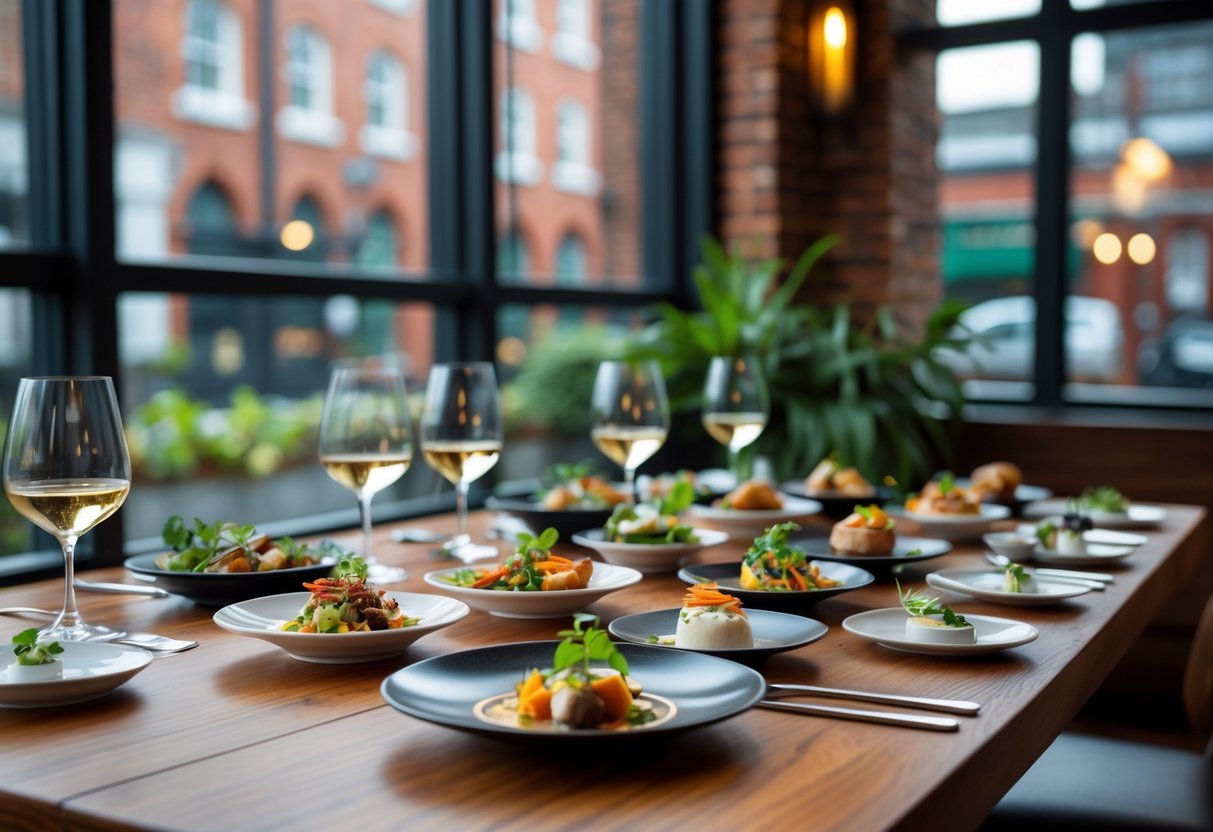 A table with an assortment of small gourmet dishes arranged for a tasting menu in a restaurant with windows showing a city view.