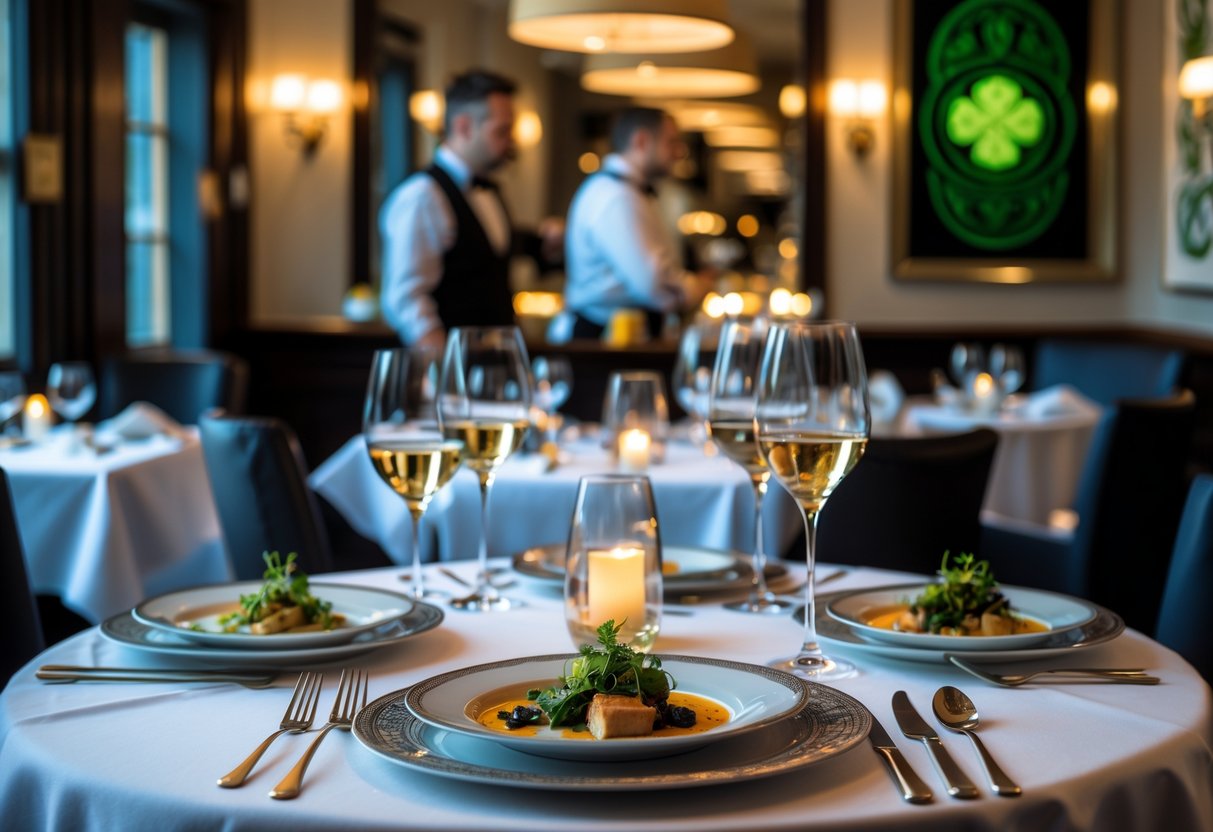 An elegant fine dining restaurant table set with gourmet dishes, polished silverware, and crystal glasses, with soft lighting and a chef in the background.