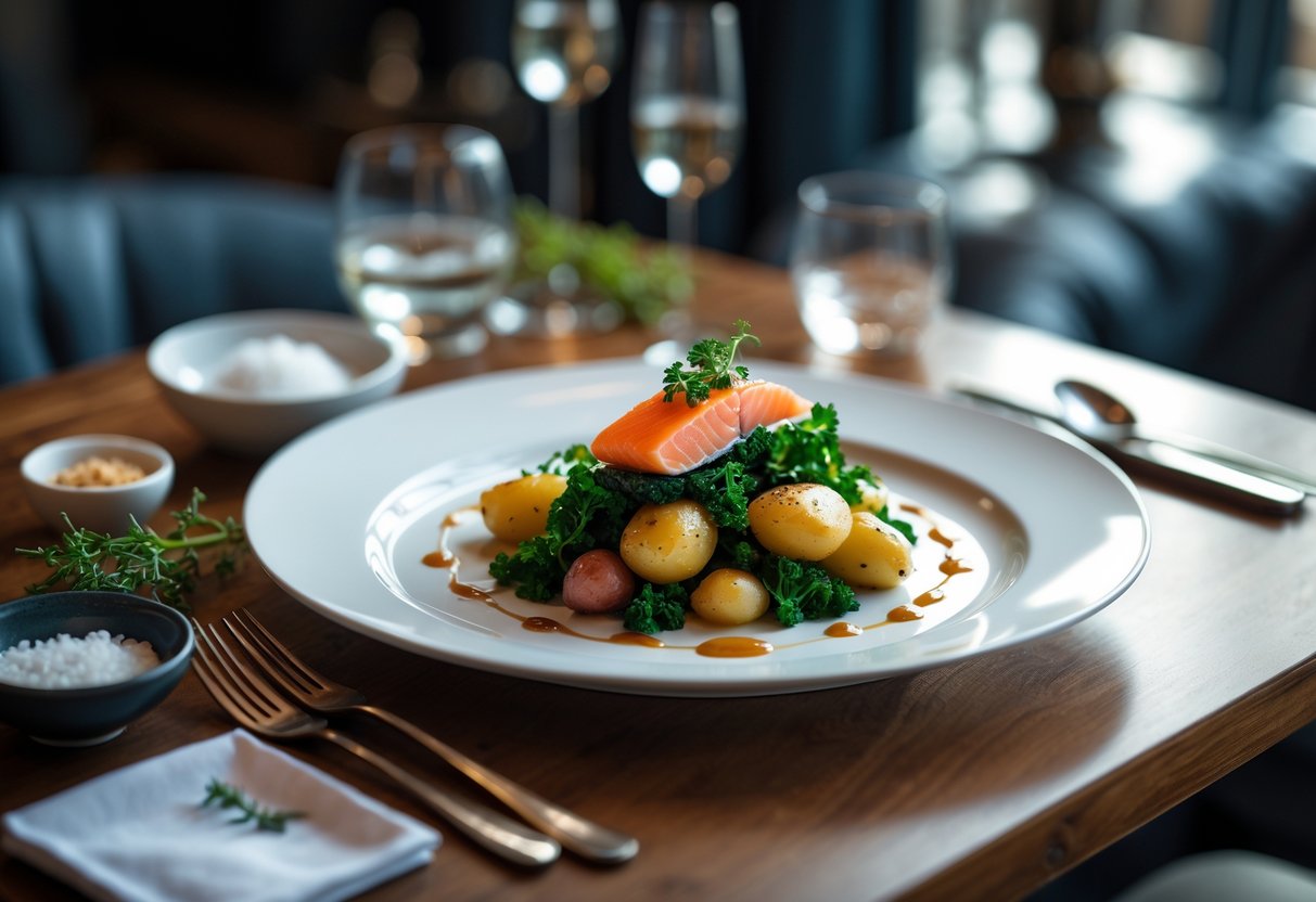 A fine dining table with a plated dish featuring Irish ingredients like salmon, potatoes, and herbs, set in an elegant restaurant.