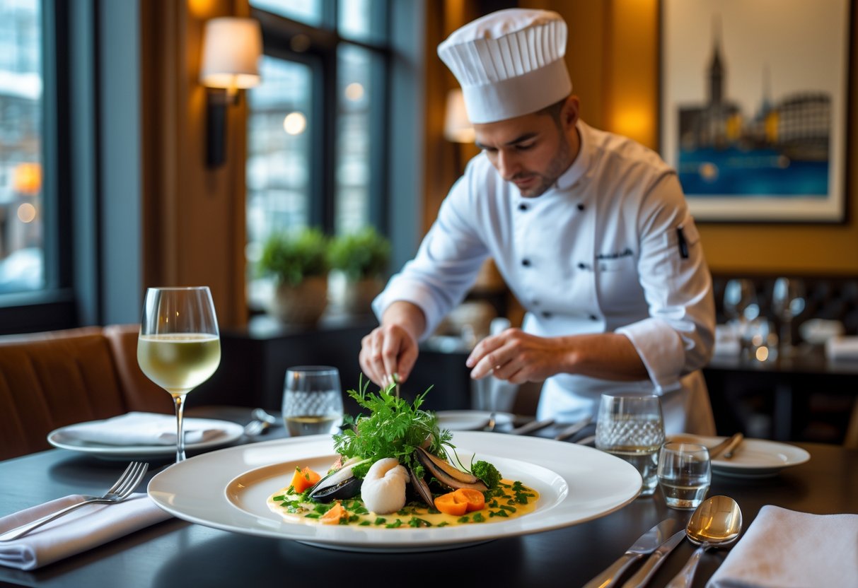 A plated gourmet dish on a table in a modern Dublin restaurant with a chef garnishing food in the background.