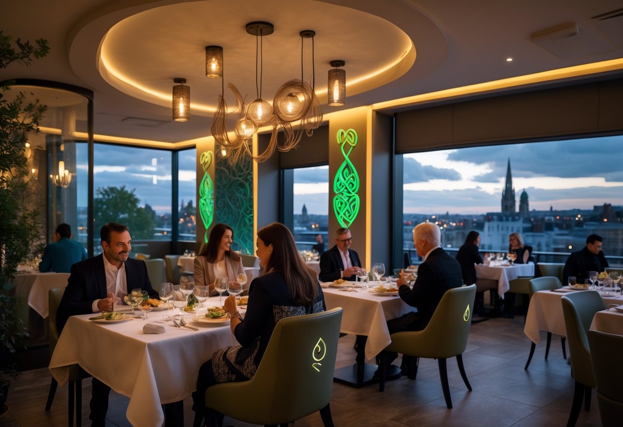Interior of an elegant fine dining restaurant in Dublin with tables set and diners enjoying their meals.