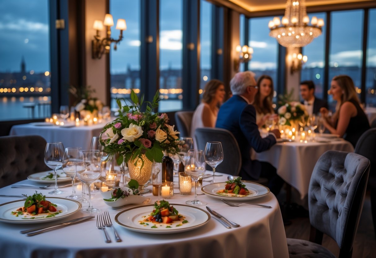 A fine dining restaurant in Dublin with elegantly set tables, floral centerpieces, and guests enjoying a special occasion.