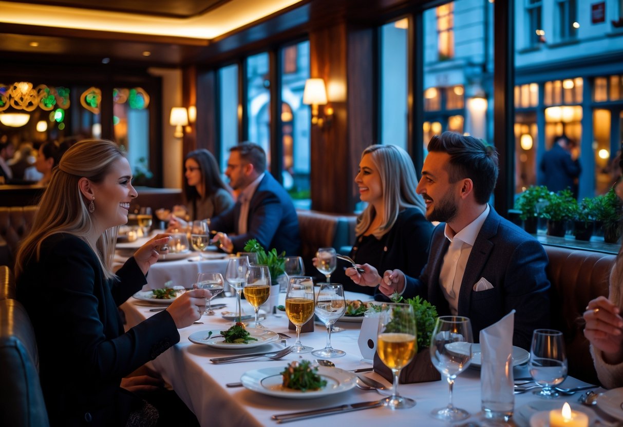 A lively restaurant interior in Dublin with people dining and enjoying meals at elegantly set tables.