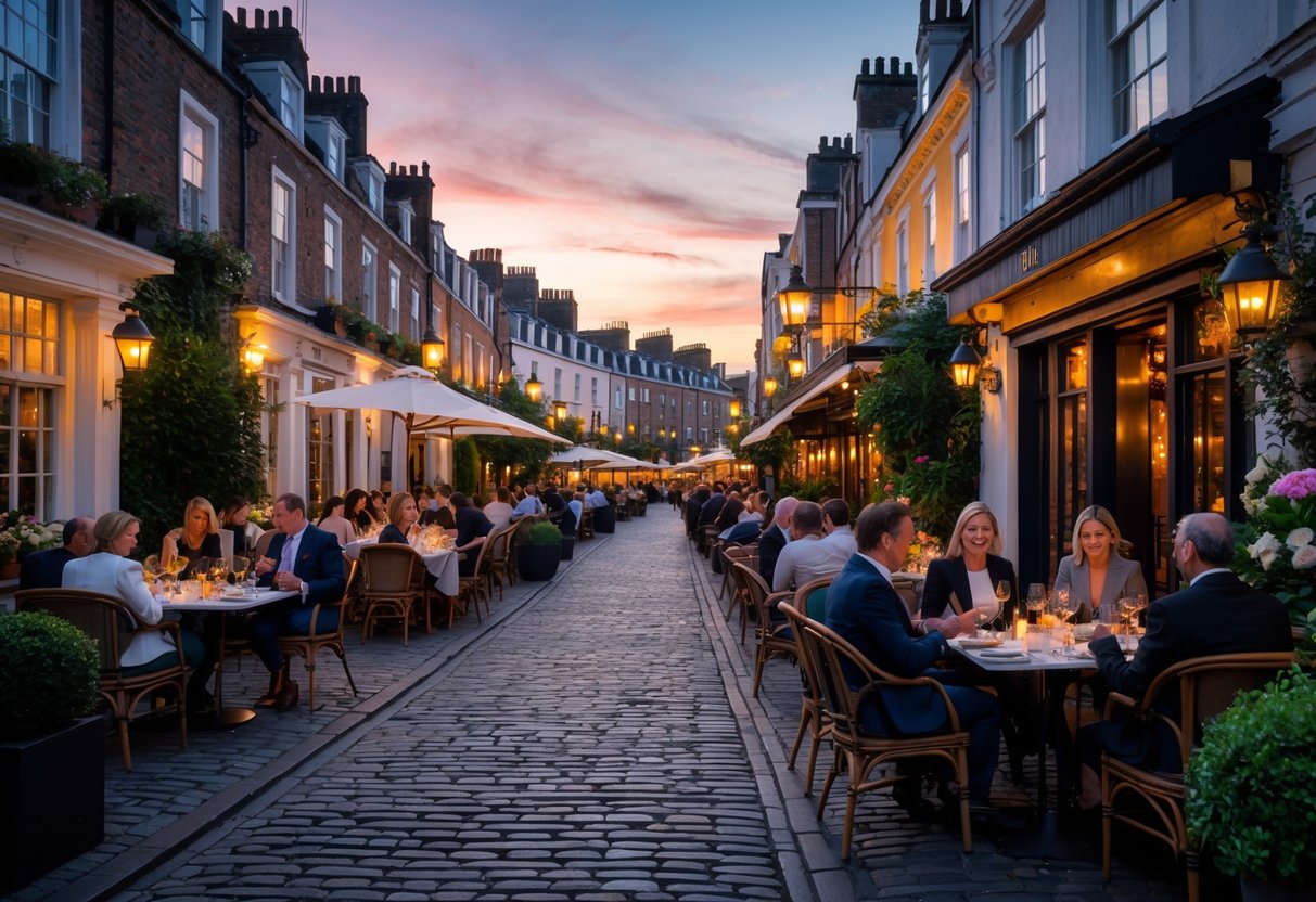 Outdoor dining area on a cobblestone street in Dublin with people enjoying meals at elegant restaurants in the evening.