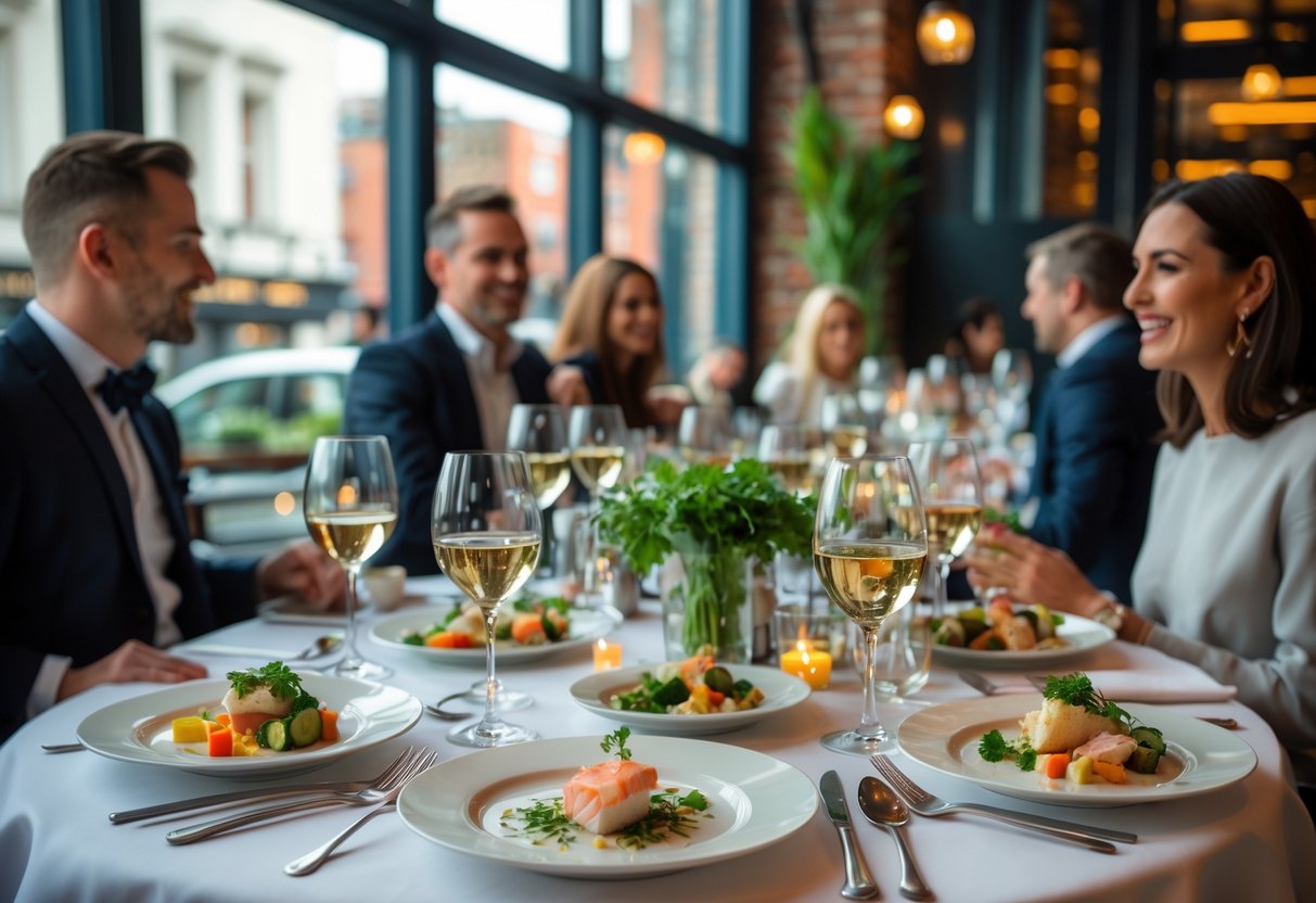 A beautifully set table with gourmet Irish dishes and diners enjoying a meal in an elegant Dublin restaurant.