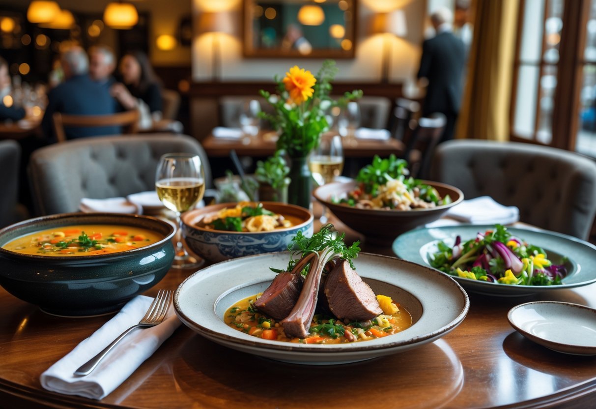 A table set with various traditional Irish dishes in a cozy restaurant with warm lighting and people dining in the background.