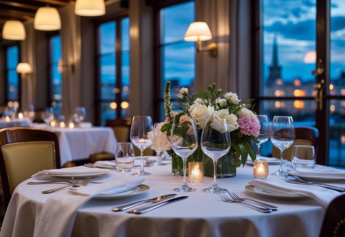 An elegant fine dining restaurant table set with white linens, silverware, and wine glasses, with a view of Dublin city through large windows.