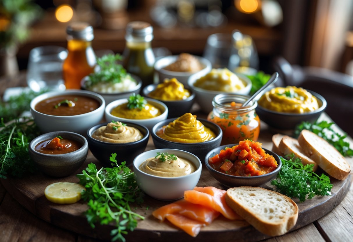 A wooden table displaying various bowls of traditional Dublin sauces and fresh ingredients in a cozy restaurant setting.