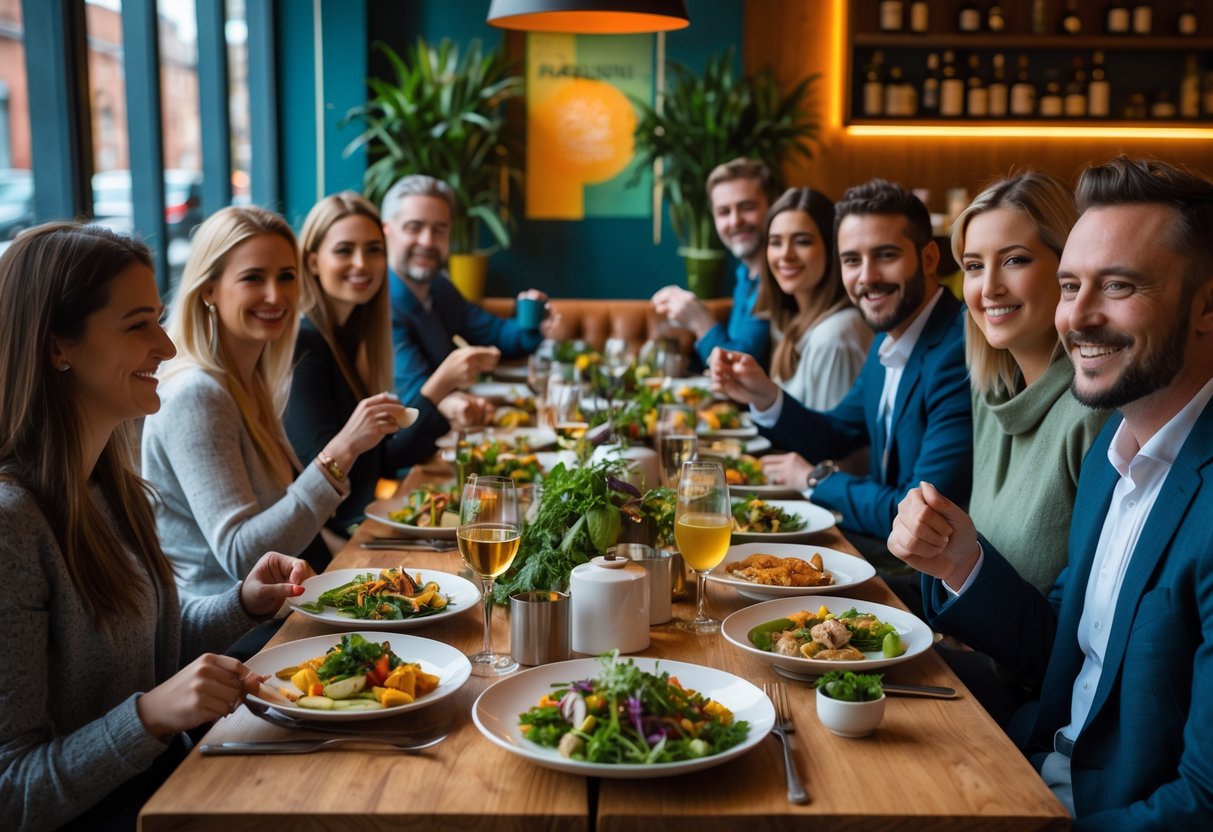 A group of people enjoying a meal with diverse dietary options at a modern restaurant with warm lighting and Irish d&eacute;cor.