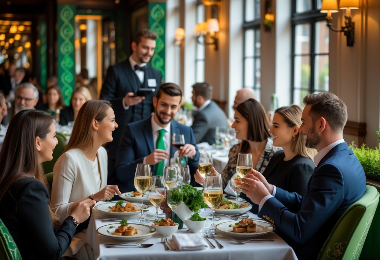 A busy restaurant in Dublin with diners enjoying meals and a host assisting guests with reservations.