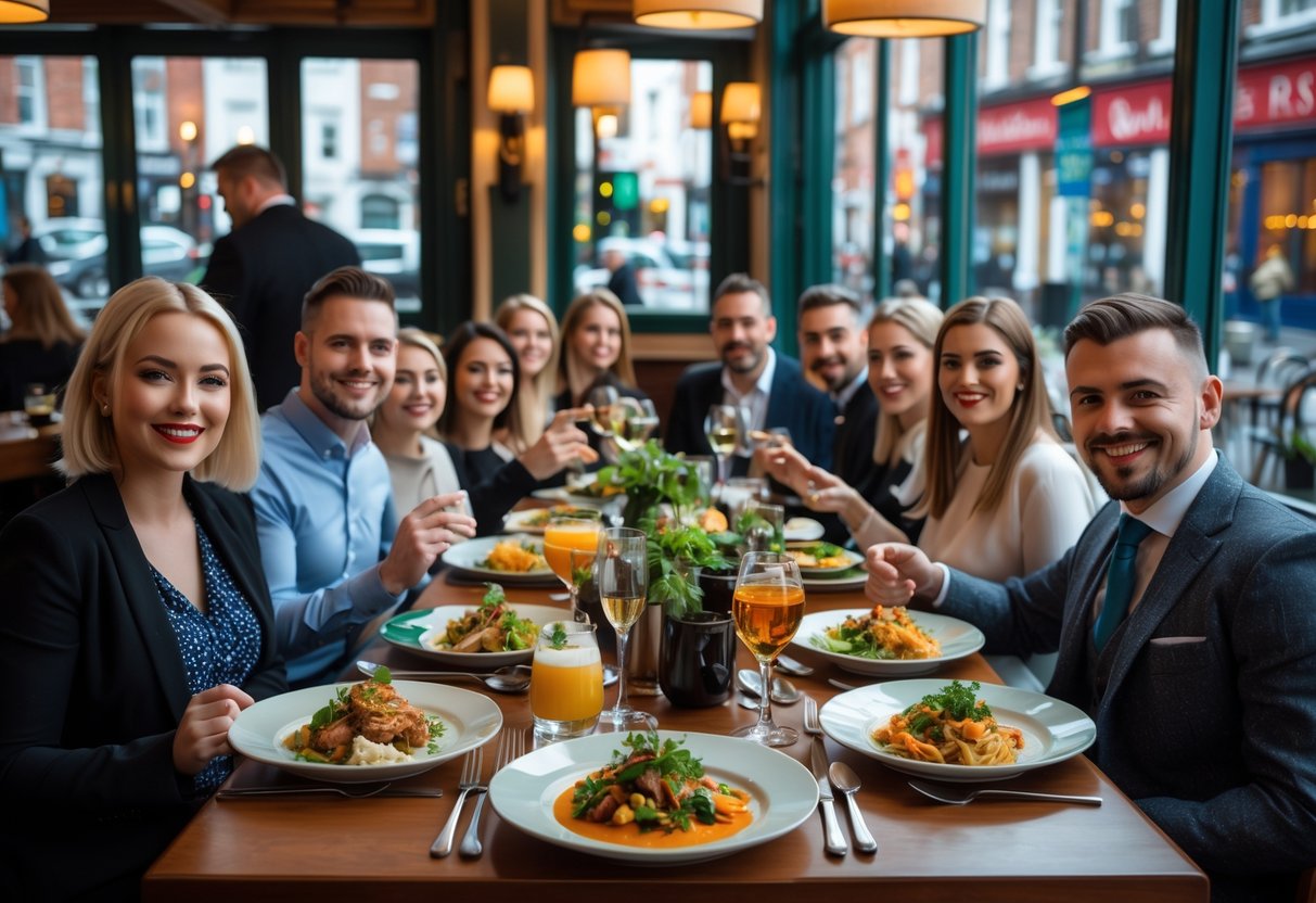 Diners enjoying a meal together at a busy restaurant in Dublin with plates of food and drinks on the table.