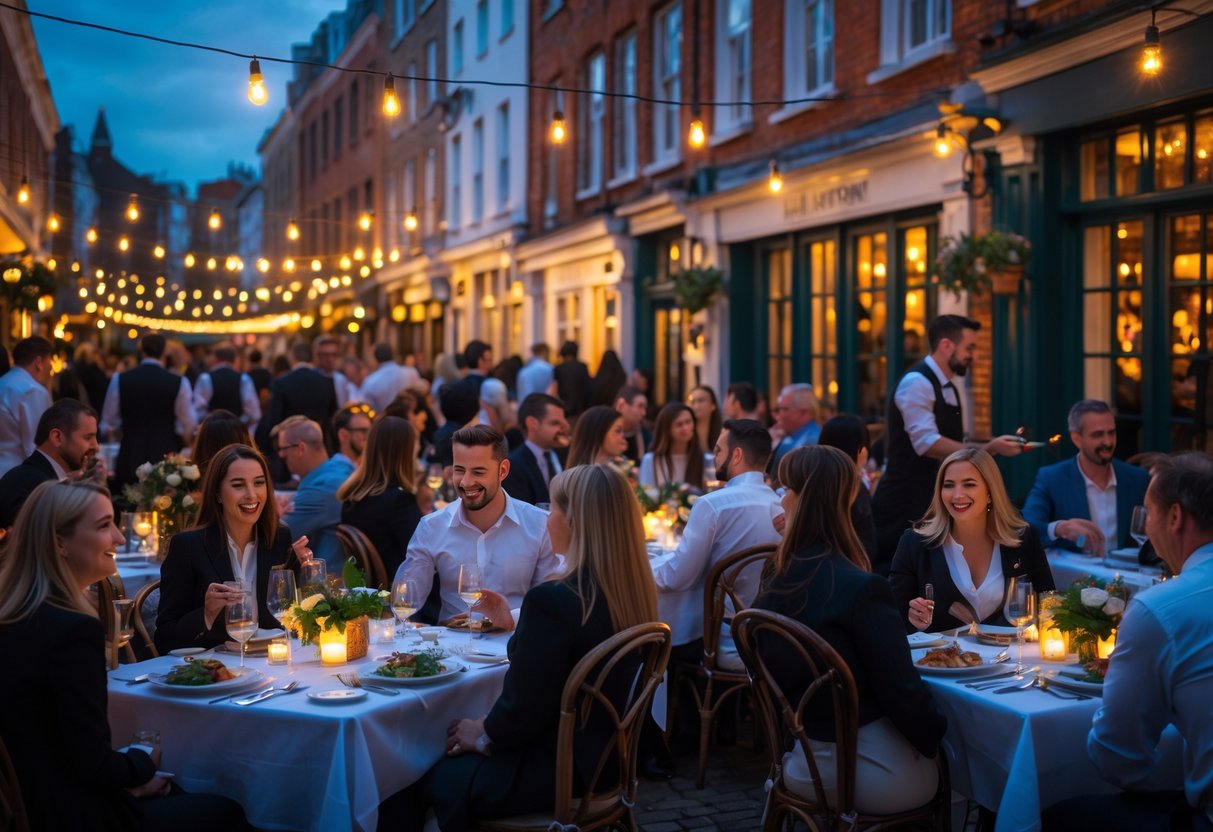 People dining outdoors at a lively Dublin restaurant during an evening event, enjoying food and drinks at decorated tables with warm lighting and historic buildings in the background.