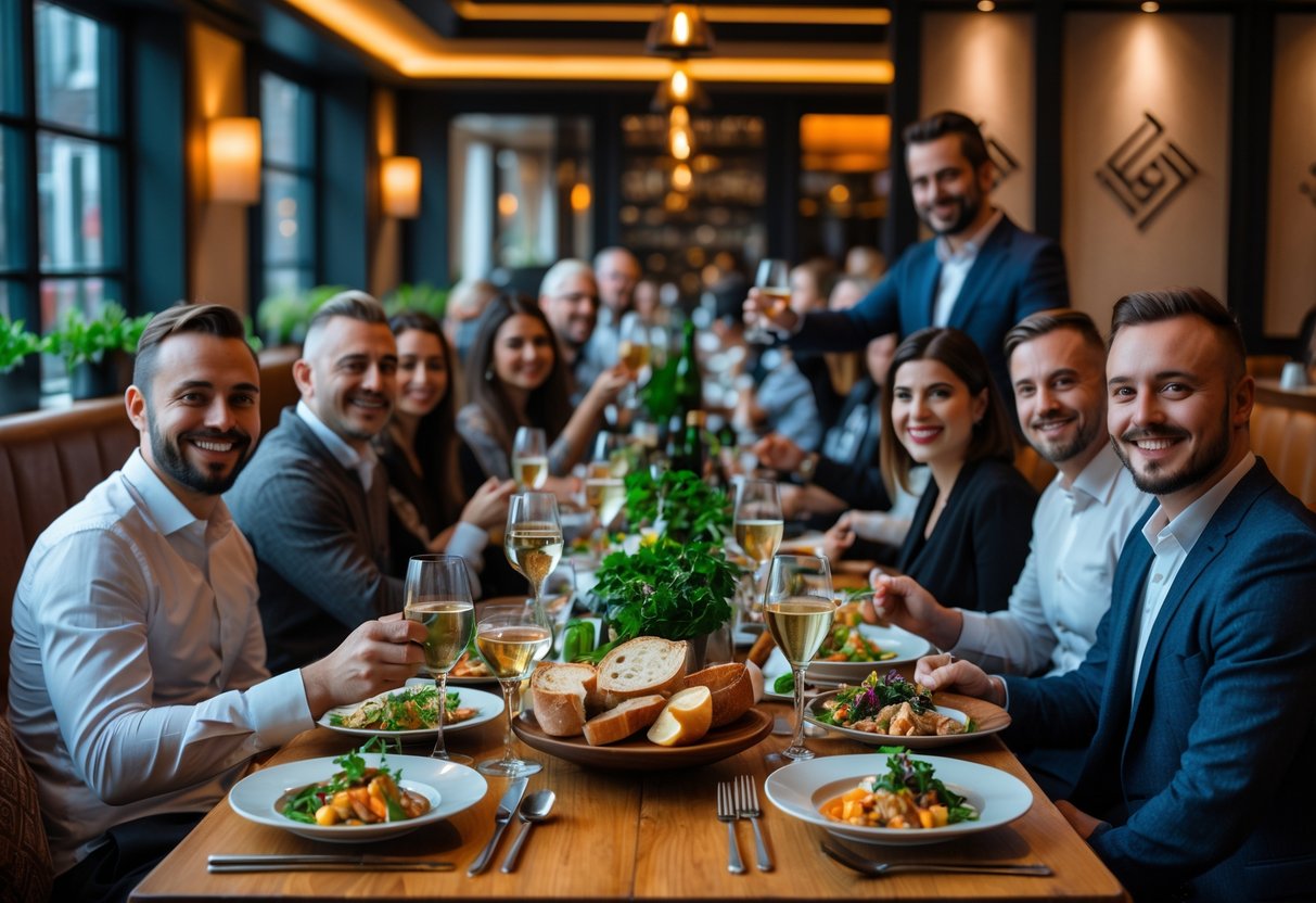 Diners enjoying a variety of gourmet dishes at a lively restaurant table with warm lighting and modern decor.