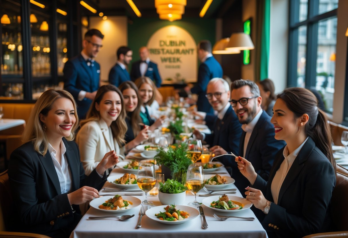 People enjoying meals and conversation inside a lively Dublin restaurant during a special dining event.