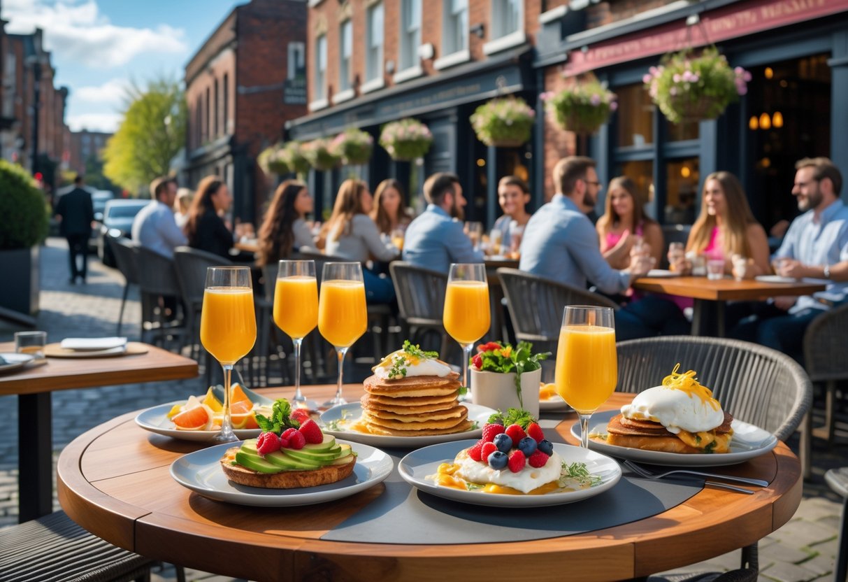 A group of friends enjoying a colorful brunch with cocktails at an outdoor café in a lively Dublin neighborhood.