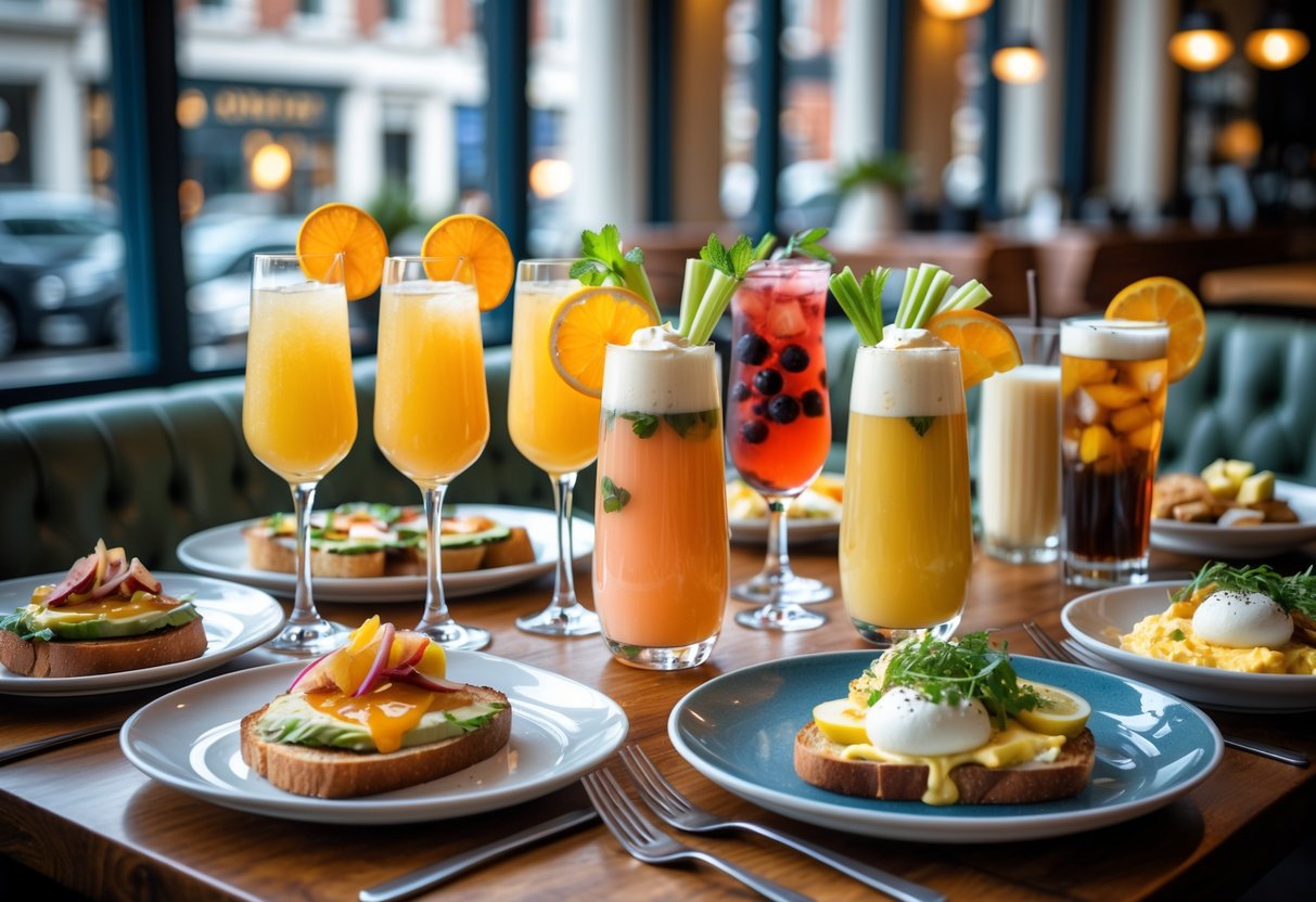 A table set with various bottomless brunch drinks and plates of food in a bright café with large windows.