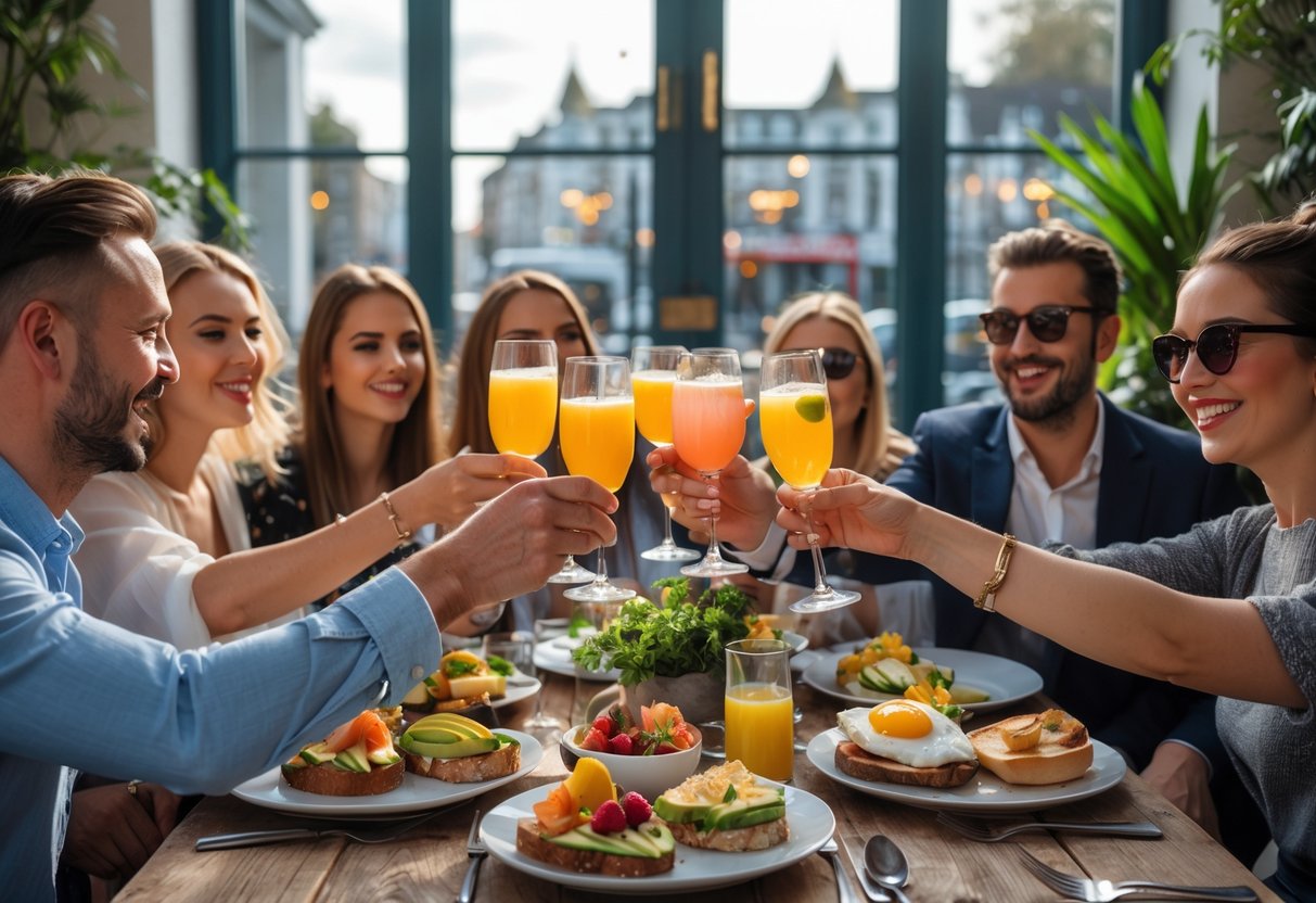 A group of friends enjoying a lively brunch with colorful drinks and plates of food at a bright café with plants and city views.