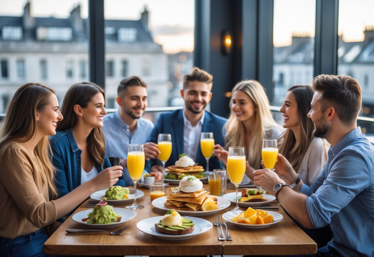 A group of friends enjoying a bottomless brunch with drinks and food at a cafe in Dublin during late morning.
