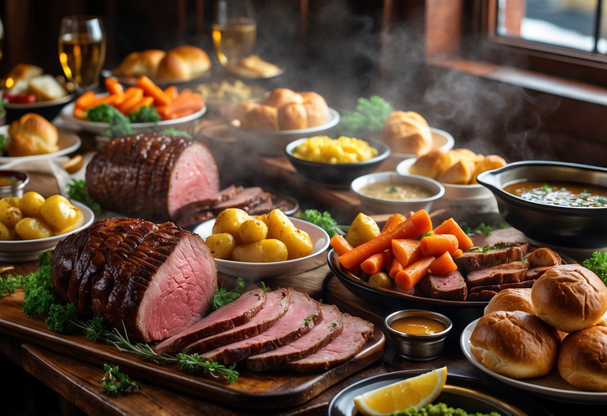A table set with a traditional Irish carvery lunch including carved roast beef, roast potatoes, vegetables, gravy, and bread in a warm pub setting.