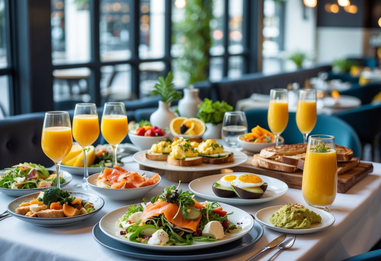 A bright brunch table in a modern café with a variety of colorful dishes and drinks representing diverse dietary options.