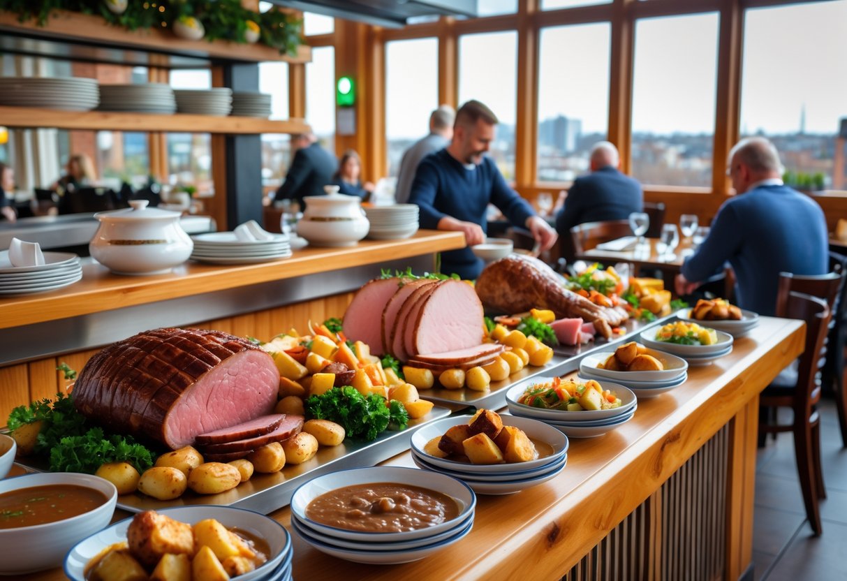 Interior of a busy carvery lunch spot in Dublin with roasted meats, side dishes, and diners enjoying their meals.