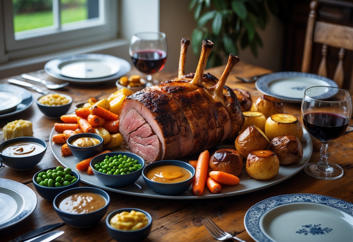 A Sunday roast meal with roasted meat, potatoes, vegetables, Yorkshire puddings, and sauces arranged on a wooden table.