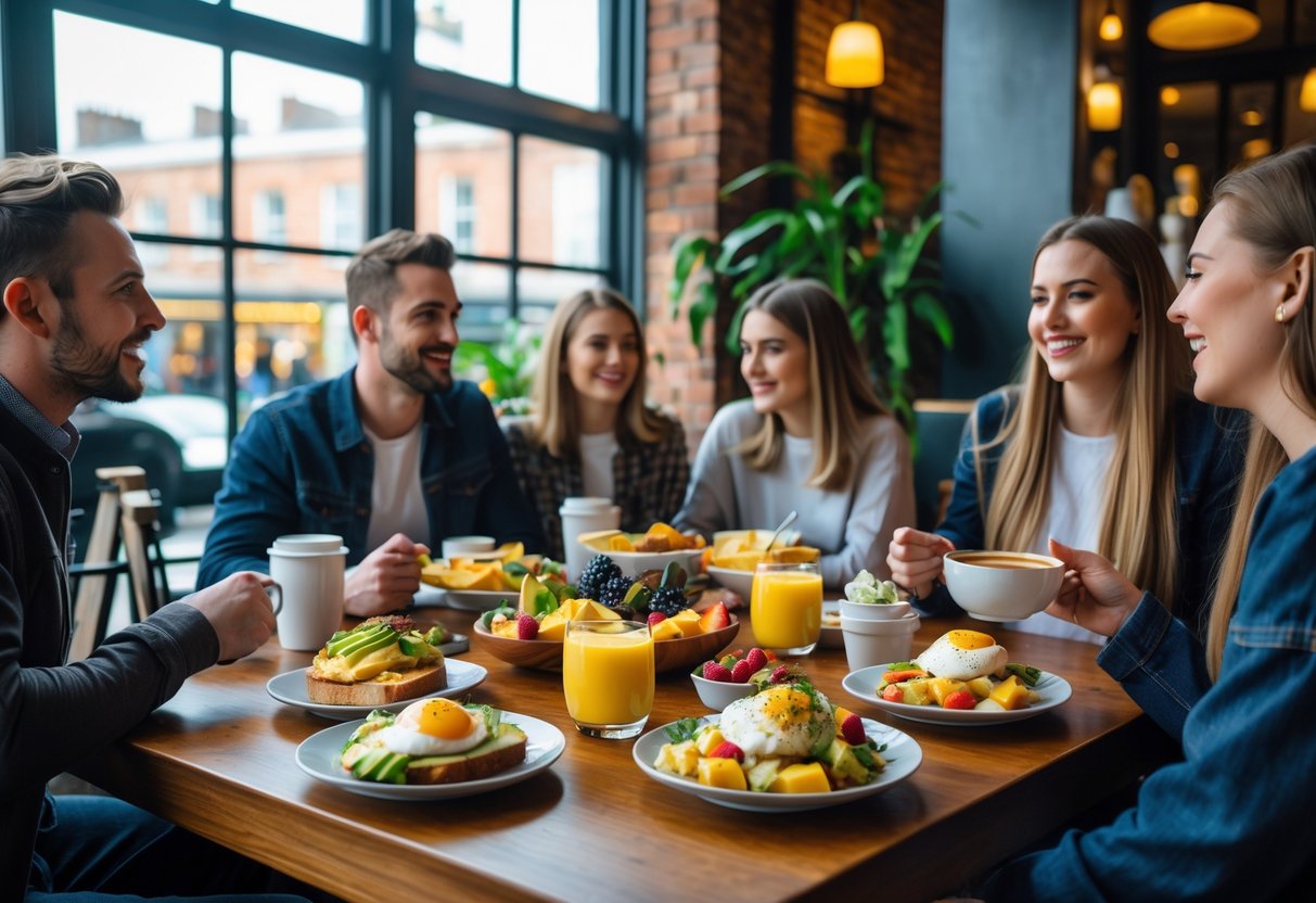 A group of friends enjoying a colorful brunch with coffee and various dishes at a cozy café in Dublin.