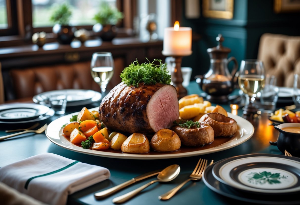 A dining table set with a traditional Sunday roast including meat, roast potatoes, vegetables, and Yorkshire puddings in a cozy room with warm lighting.