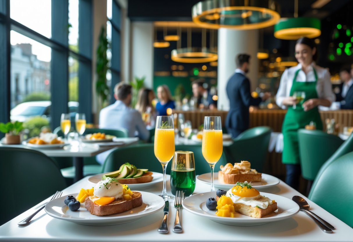A bright restaurant interior in Dublin with people enjoying bottomless brunch, featuring colorful dishes and drinks on tables.