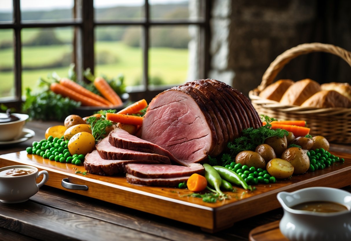 A wooden board with carved roast meats and seasonal vegetables, with a basket of brown bread and a countryside view through a window.