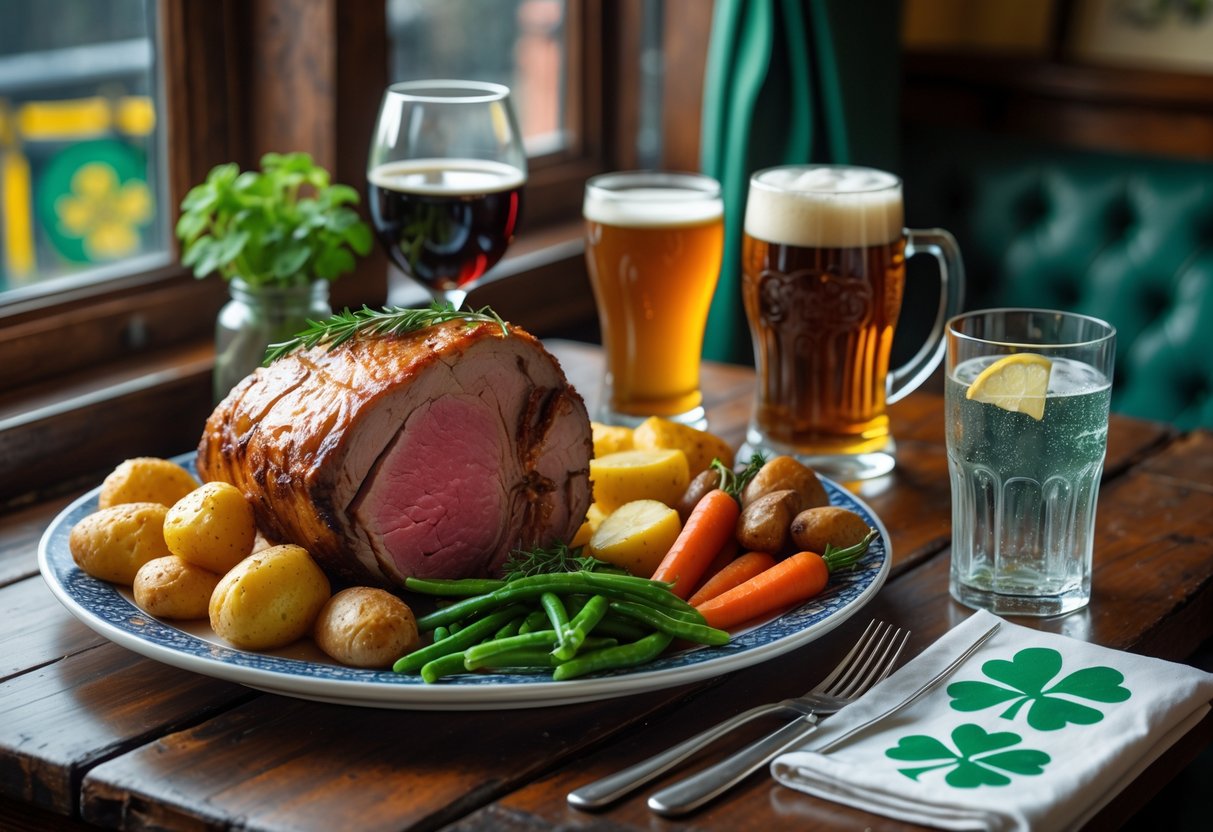 A table set with a Sunday roast meal including roast meat, potatoes, vegetables, gravy, and glasses of red wine, Irish ale, and sparkling water in a cozy dining setting.