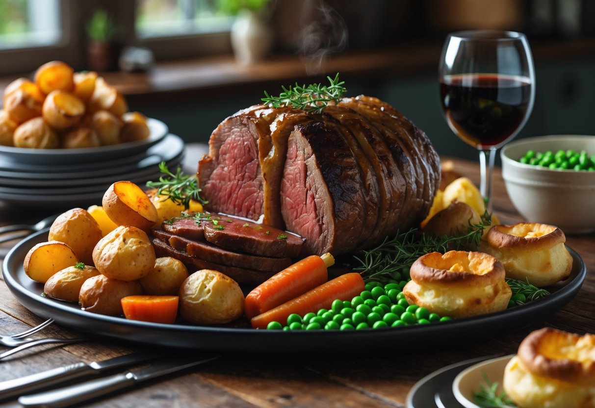 A plated Sunday roast dinner with roasted beef, potatoes, carrots, peas, gravy, and Yorkshire puddings on a wooden table.