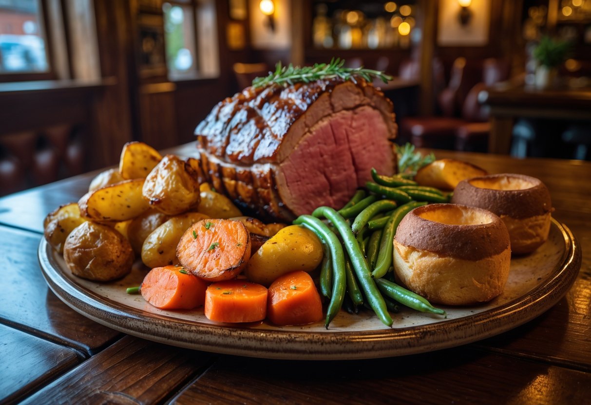 A traditional Sunday roast meal with roast meat, potatoes, vegetables, and Yorkshire puddings on a plate in a cozy pub setting.