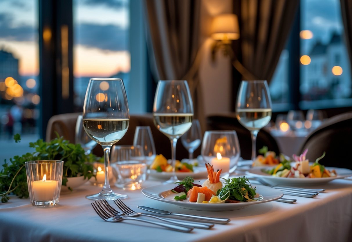 A beautifully set restaurant table with gourmet appetizers and wine glasses inside a stylish dining room overlooking a city view.