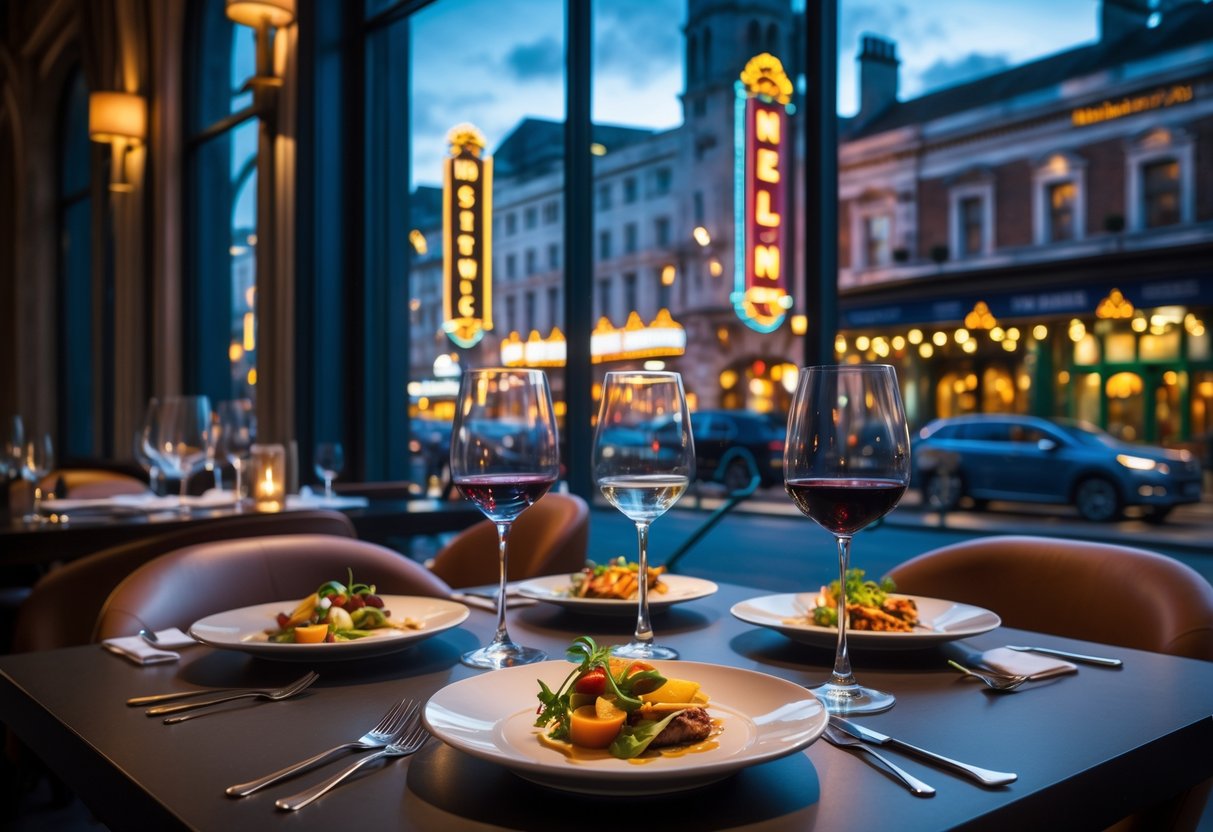 A restaurant table set with appetizers and wine glasses near theatre marquees on a lively city street in Dublin.