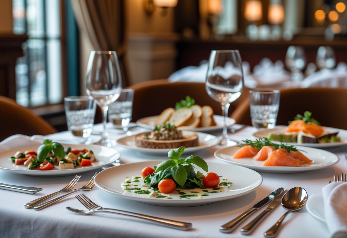 A table set with a variety of small plated dishes representing different cuisines in a stylish Dublin restaurant interior.
