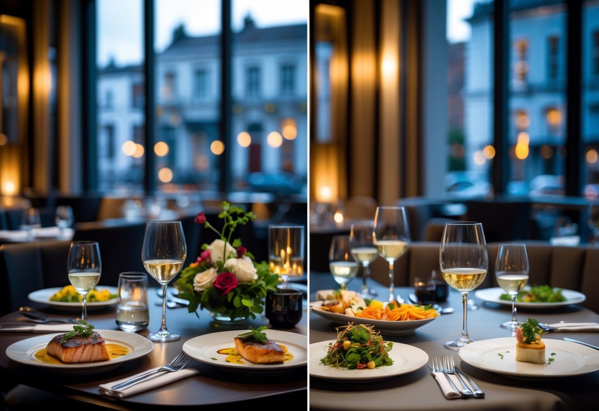 Two elegantly set restaurant tables side by side displaying different plated dishes representing early bird and pre-theatre menus, with a view of Dublin city through large windows.