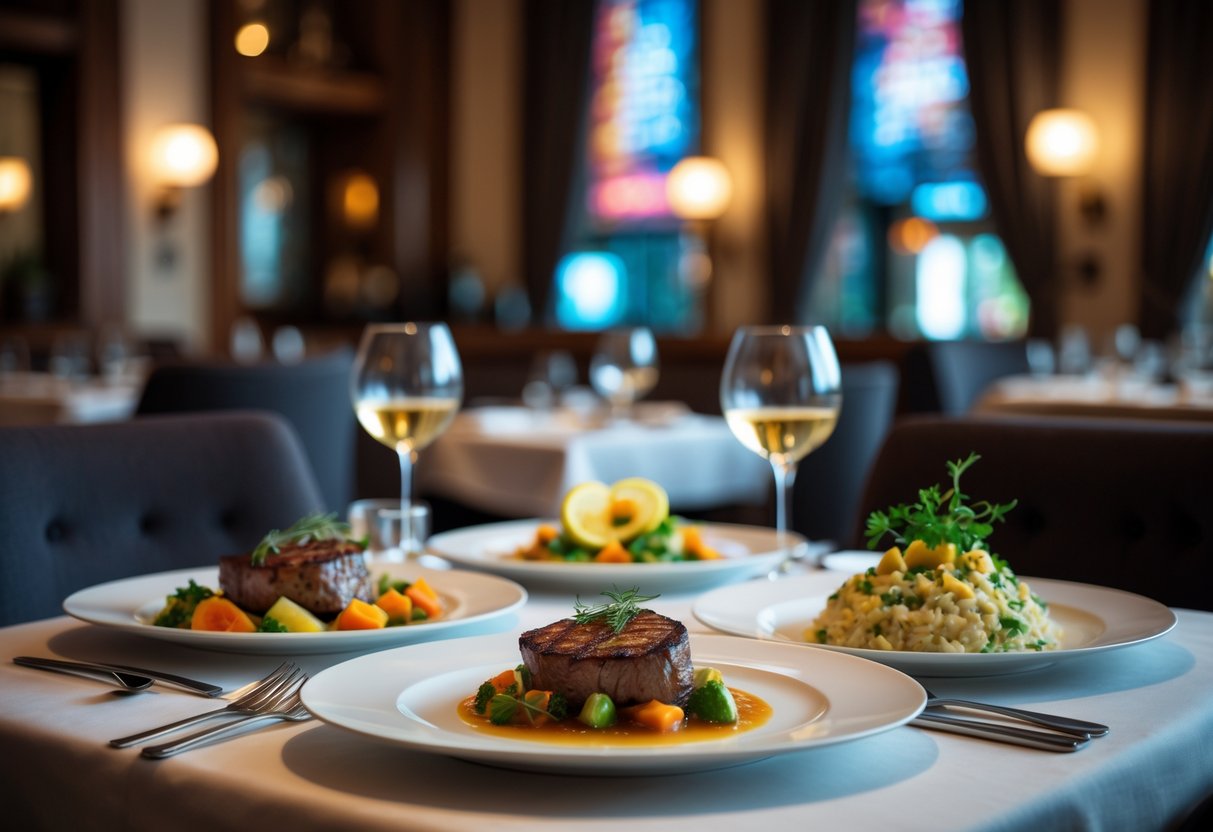 A table set with several plated main courses in an elegant restaurant, with soft lighting and subtle hints of a theatre setting in the background.
