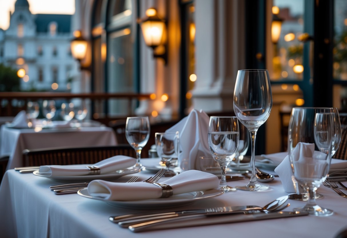 A neatly set dining table in a cozy restaurant with warm lighting, ready for guests to enjoy a meal.